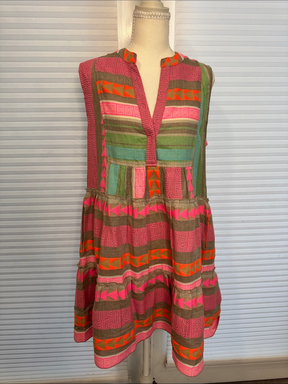 Elan Multicolor Pink, Green & Orange Patterned Sleeveless V-Neck Dress MK1316